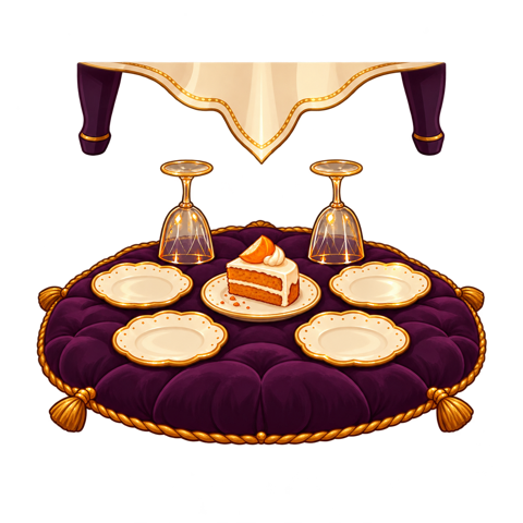 Quatre assiettes et deux verres renversés autour d’un gâteau sous une table