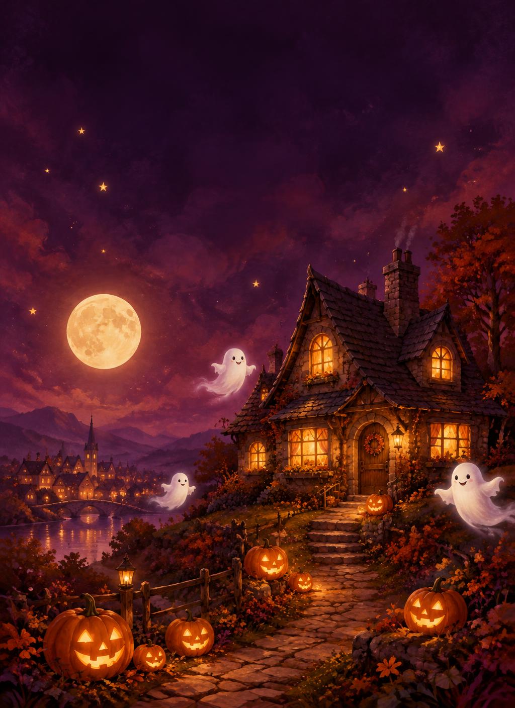 Un monde d'Halloween chaleureux, éclairé de citrouilles et de lumières dorées